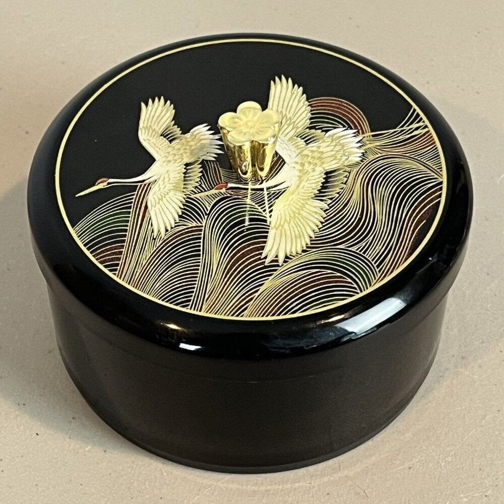 Vintage Japanese Round Trinket Powder Box Black Heron Birds